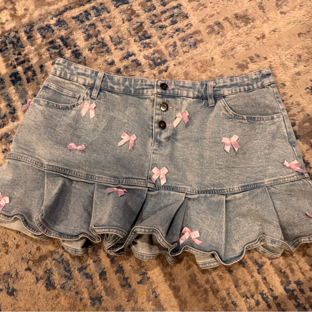 Light Blue Denim Mini Skirt with Pink Bows
